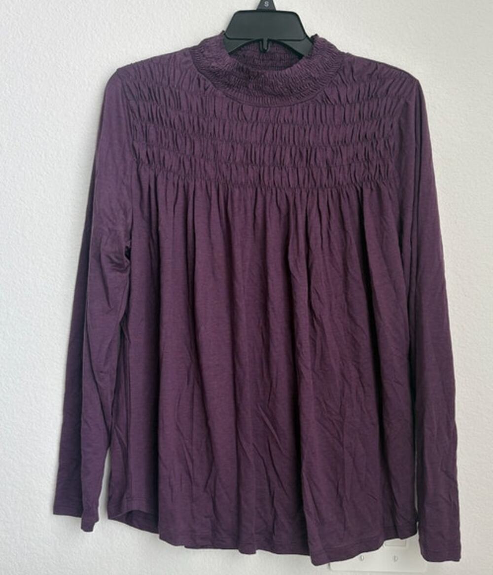 Womens Sundance Purple Smocked Ruffle Neck Lyocell Blouse Size L
